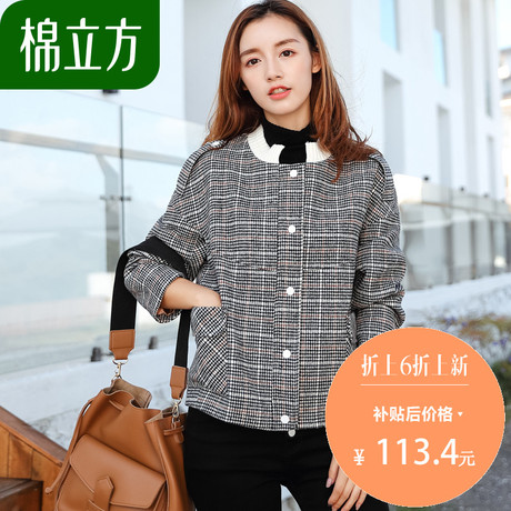 千鸟格外套女长袖2018秋季新款棉立方女士小个子秋天短款毛呢大衣商品大图