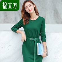 优雅纯色系腰带针织连衣裙女秋装2018新款棉立方简约淑女长袖裙子图片