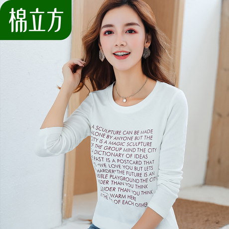 印花t恤女秋装2018新款棉立方白色休闲韩风chic上衣小洋气打底衫商品大图