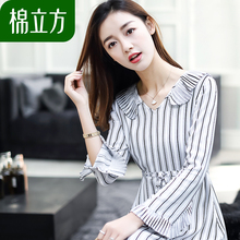 小心机连衣裙棉立方2018新款女装春装显瘦v领喇叭袖收腰条纹裙子图片