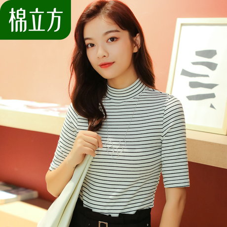 清新半袖条纹中高领t恤女2018新款棉立方chic早秋上衣慵懒打底衫商品大图