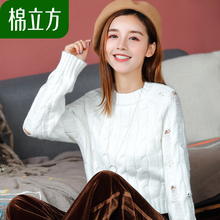 高腰甜美毛衣女短款秋季2018新款棉立方小清新漏针长袖套头针织衫图片