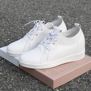 2019秋季小白鞋真皮休闲鞋软皮内增高女单鞋高跟系带坡跟白色女鞋