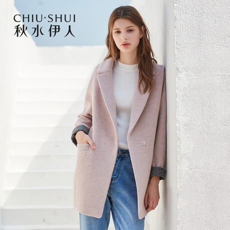 预售秋水伊人毛呢大衣2018冬新款女装西装领落肩茧型撞色袖外套商品大图