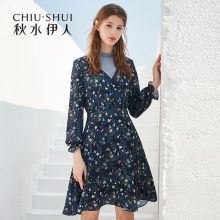 秋水伊人连衣裙2018冬装新款女装印花拼接假两件裙子雪纺连衣裙女图片