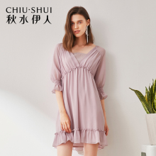 秋水伊人2018秋装新款女装V领高腰七分袖两件套淑女连衣裙图片