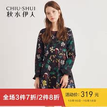 秋水伊人连衣裙2018冬装新款女装简约气质印花A字裙花边袖裙子女图片