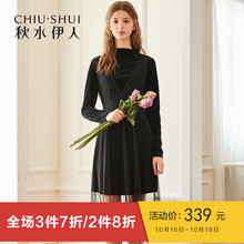 秋水伊人连衣裙2018冬装新款女装ins简约淑女丝绒网纱蕾丝裙子女图片
