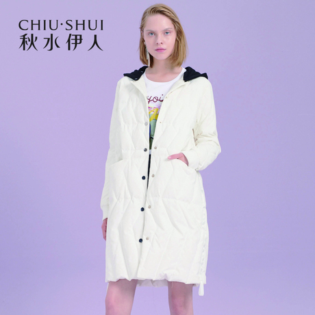 【商场同款】秋水伊人羽绒服2018冬装新款女装连帽撞色白鸭绒外套商品大图