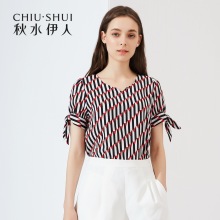清秋水伊人2018夏装新款女装复古几何格子雪纺衫直筒休闲雪纺衫图片