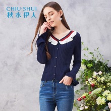 秋水伊人2018春装新品女装撞色花边圆领针织衫修身针织上衣图片