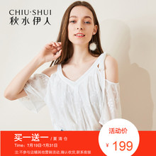 折秋水伊人2018夏装新款女装V领短袖系带露肩刺绣直筒雪纺衫女图片