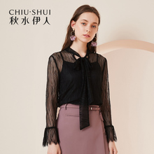 秋水伊人2018秋装新款女装系带领蕾丝衫网纱上衣两件套图片
