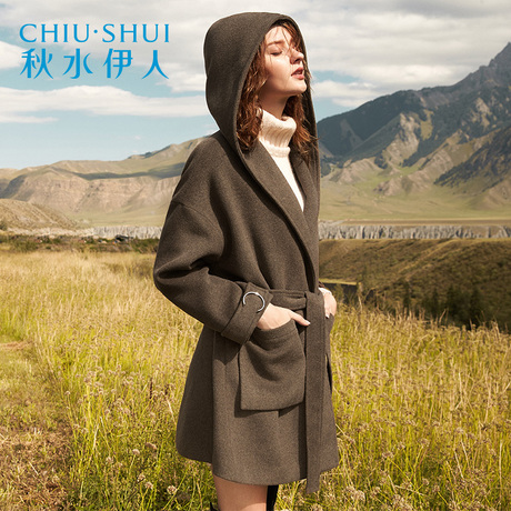 秋水伊人2017冬新款时尚连帽羊毛呢子大衣中长款毛呢保暖外套女商品大图
