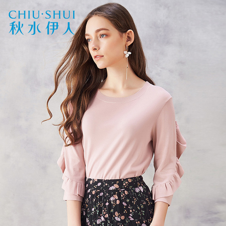 秋水伊人2018春装新品女装圆领七分袖修身显瘦针织衫上衣商品大图