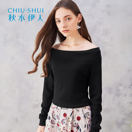 折秋水伊人2018春装新品女装纯色一字领长袖毛衫显瘦针织衫商品大图