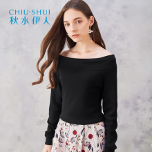 折秋水伊人2018春装新品女装纯色一字领长袖毛衫显瘦针织衫图片