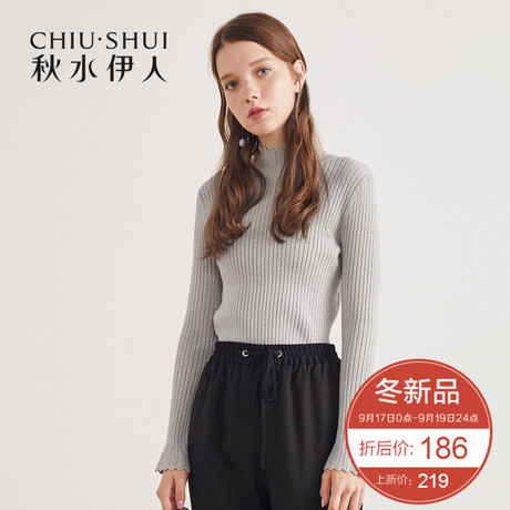 秋水伊人针织衫2018冬装新款ins女装花边半高领长袖细竖纹毛衫女商品大图