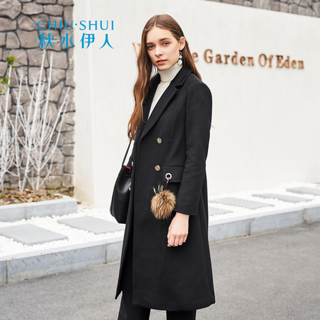 B秋水伊人冬装新女装西装领直筒中长款毛球装饰休闲毛呢大衣外套商品大图