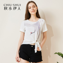 秋水伊人2018夏装新款女装圆领短袖系带直筒雪纺上衣T恤女图片