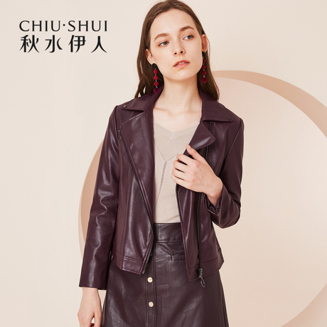 A秋水伊人2018秋装新款女装翻领拉链长袖短款刺绣皮衣外套女商品大图