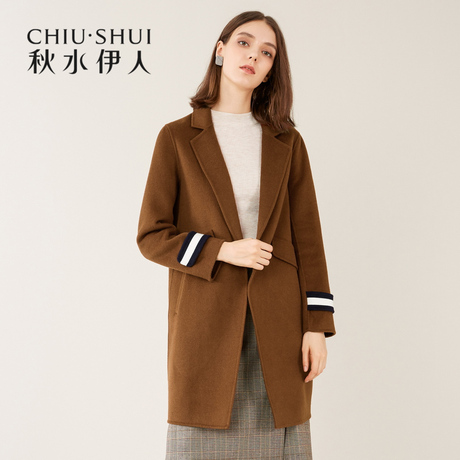 秋水伊人双面呢2018冬装新款女装中长款羊毛大衣西装领直筒外套商品大图