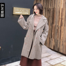 夏娜格子中长款风衣女2018秋季新款港味风系带长袖翻领宽松外套图片