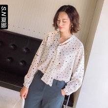 夏娜甜美波点系带衬衫女2018秋季新款束口喇叭袖宽松chic早秋上衣图片