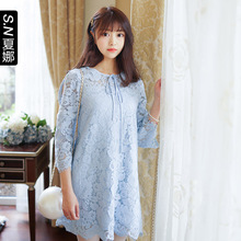 夏娜2018春季新款女装 甜美公主雪纺蕾丝 气质系带领连衣裙图片