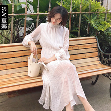 夏娜2018秋季新款女装甜美波点高腰裙子chic百褶中长款早秋连衣裙图片