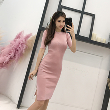 开叉包臀裙女2018秋新款 甜美时尚 连衣裙网红同款 女潮 气质圆领短袖