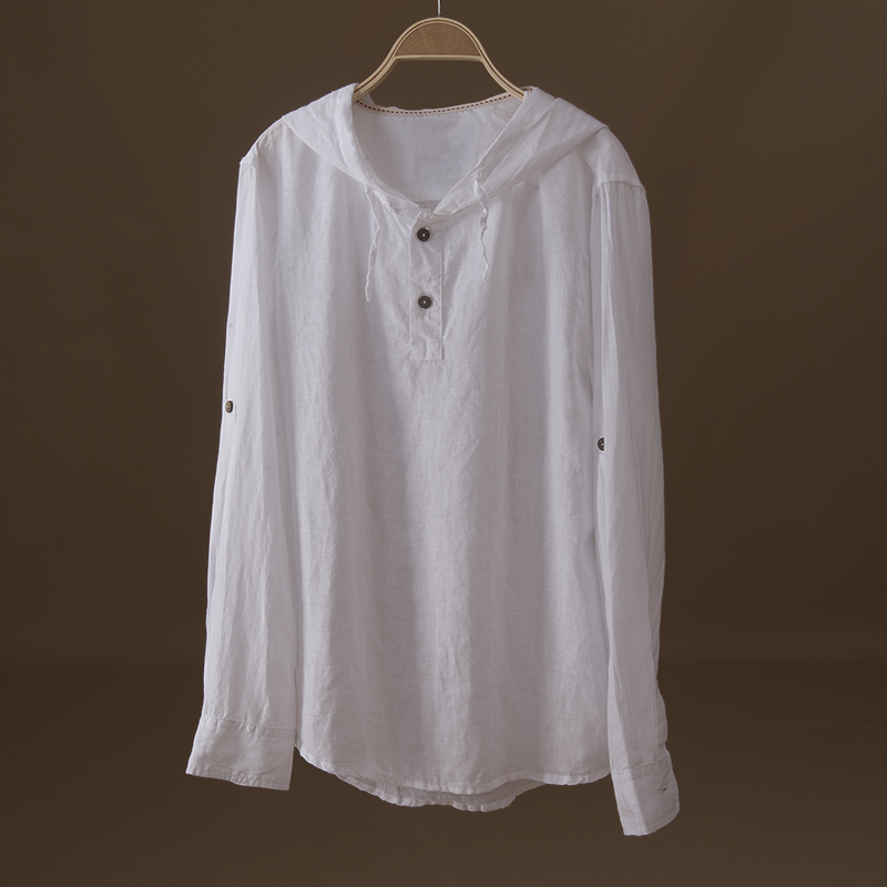 中国风男装夏季亚麻料T恤中式连帽上衣棉麻布