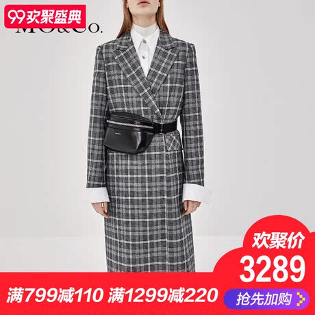MOCO2018秋季新品复古格纹翻领中长款外套MA183OVC103 摩安珂商品大图