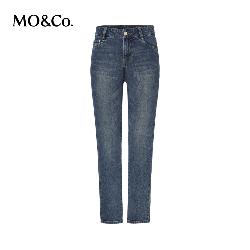 【狂欢价】MOCO牛仔裤复古洗磨中高腰九分微弹修身小脚裤高比例棉摩安珂