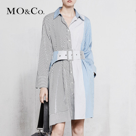 MOCO2018春季新品可拆卸腰带拼色条纹连衣裙MA181DRS107 摩安珂商品大图