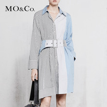 MOCO2018春季新品可拆卸腰带拼色条纹连衣裙MA181DRS107 摩安珂图片