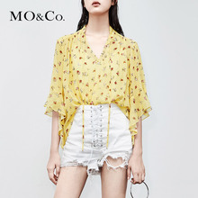 MOCO2018夏装新款女短袖真丝衬衫女清新漏锁骨碎花印花上衣小心机图片