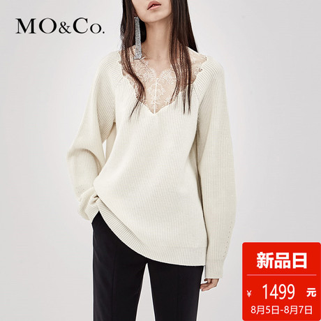 MOCO2018秋季新品V领套头蕾丝拼接羊毛衫MA183SWT307 摩安珂商品大图