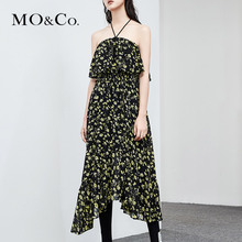 MOCO2018夏季新品挂脖露肩碎花不规则连衣裙MA182DRS123摩安珂图片