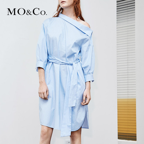 MOCO2018夏季新品露肩条纹绑带衬衫连衣裙MA182DRS138 摩安珂商品大图