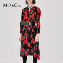 MOCO2018秋季新品玫瑰花绑带V领连衣裙MA183DRS102 摩安珂图片