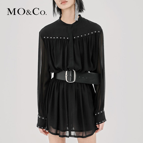 MOCO2018秋季新品铆钉松紧A字连衣裙MA183DRS105 摩安珂商品大图
