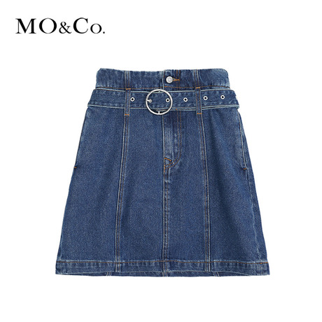 MOCO2018夏季新品不规则高腰拼接腰带牛仔半身裙 摩安珂商品大图