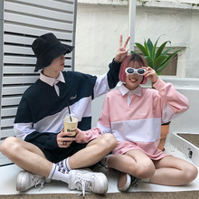 潮流上衣2018新品 白口阳学生复古中性卫衣POLO领条纹拼接情侣长袖