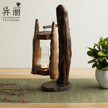 泰国原木烛台风灯 复古东南亚玻璃罩蜡烛台户外防风马灯创意摆件