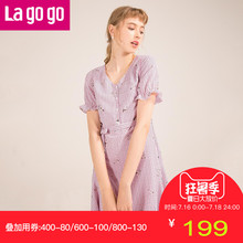 Lagogo2018年夏季新款时尚V领短袖印花连衣裙条纹套头甜美短裙女