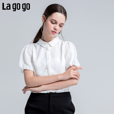 Lagogo2018年夏季新款女装白色衬衫短袖女雪纺衫花苞袖宽松上衣