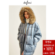 预售何穗同款伊芙丽2018冬装外套大毛领复古光感丝绒连帽羽绒服女图片