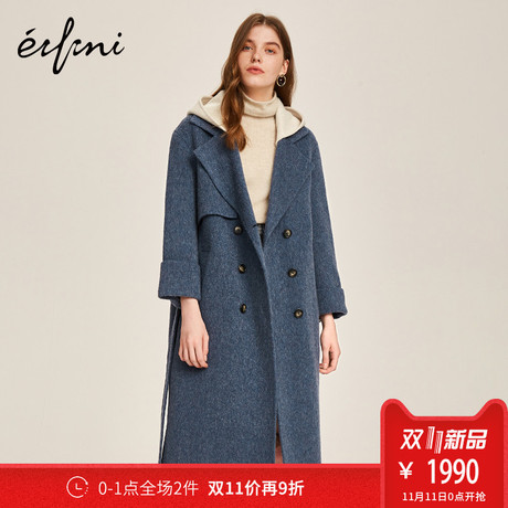伊芙丽2018冬装新款韩版长款毛呢外套女阿尔巴卡羊毛双面呢大衣女商品大图