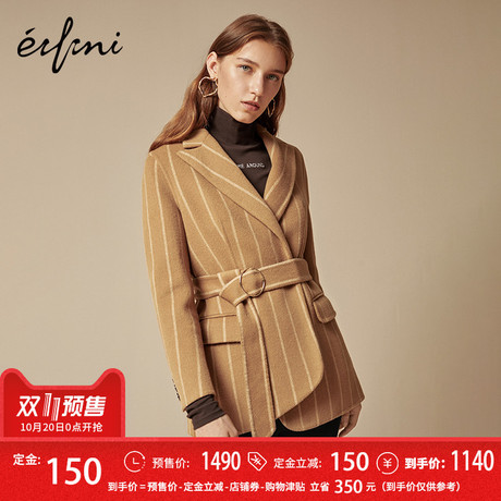 预付定金伊芙丽2018冬装新款毛呢外套羊毛时尚条纹双面呢大衣女商品大图